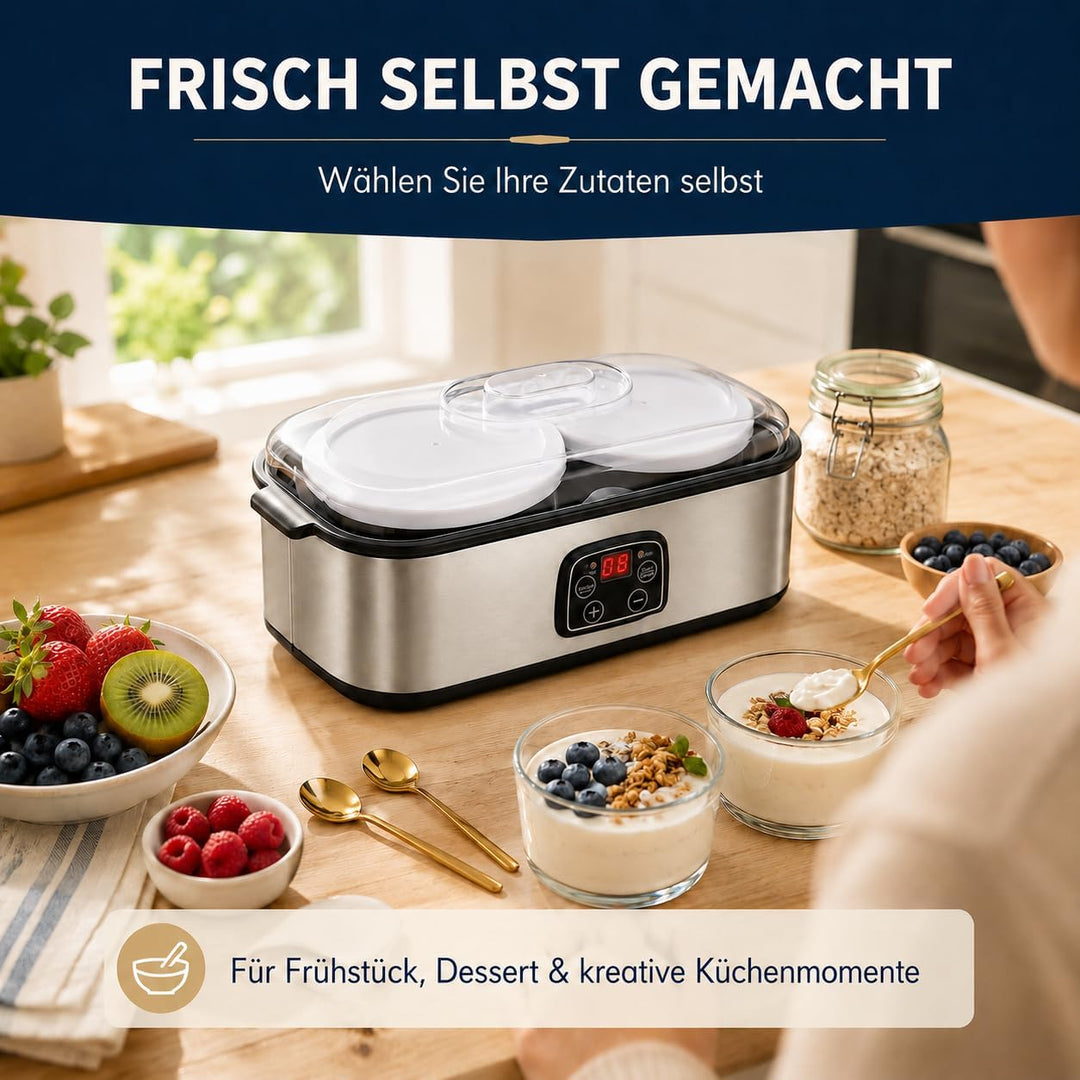 Joghurtbereiter, 2 Glasbehälter mit Deckel, Je 60 Unzen, zwei goldfarbene Löffel, Ideal für Zubereit