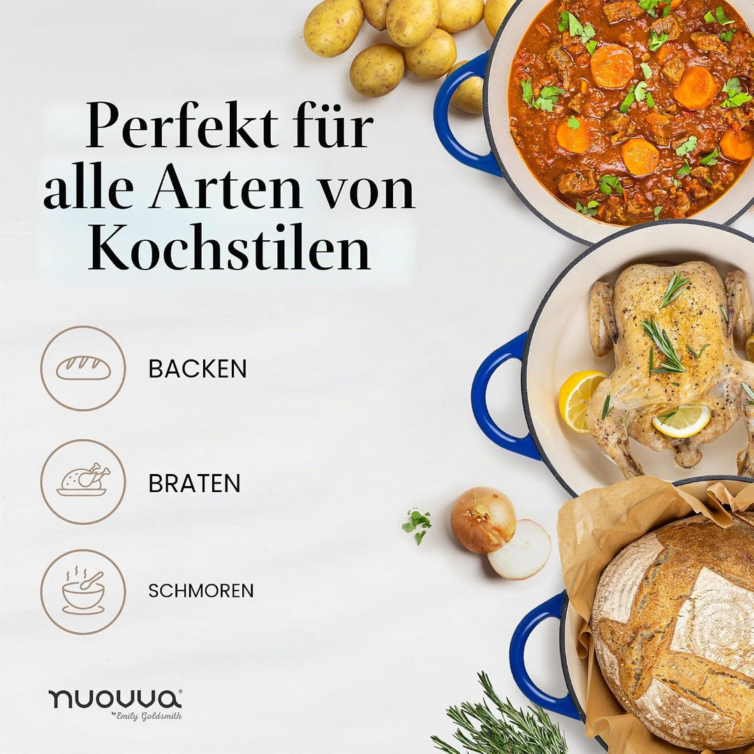 Gusseisen Dutch Oven mit Deckel – Emaille-Topf mit Antihaft, Ofenfest bis 260°C – Dunkelblau, 4.7 Li