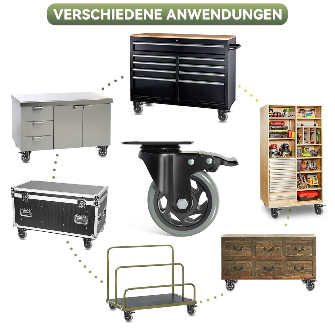 BAOLIHUI 100mm Graue Schwerlastrollen - 4er Set Lenkrollen mit Bremsen bis 600KG inkl. Montagezubehö