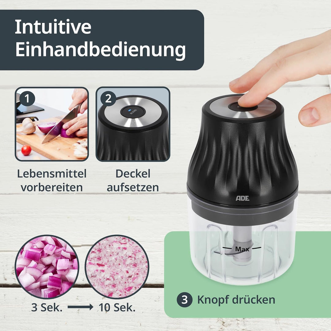 ADE Zwiebel Zerkleinerer Küche elektrisch mit Akku | Mini Mixer klein für Pesto, Kräuter, Sossen, Di