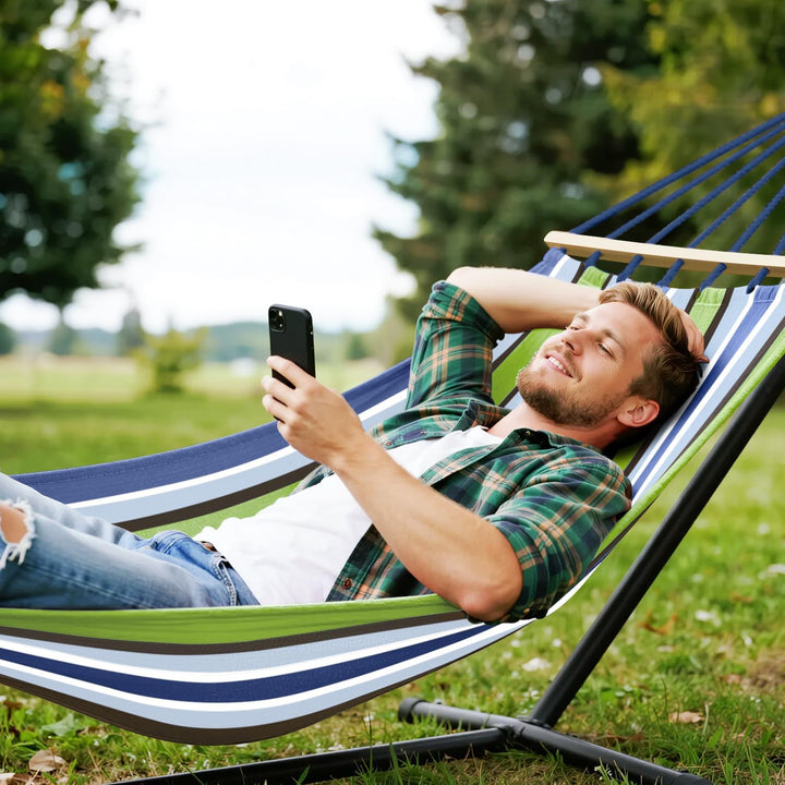 Hängematte Outdoor Camping Hängematte mit gebogener Holzstange, Befestigungsgurte und Tragetasch für