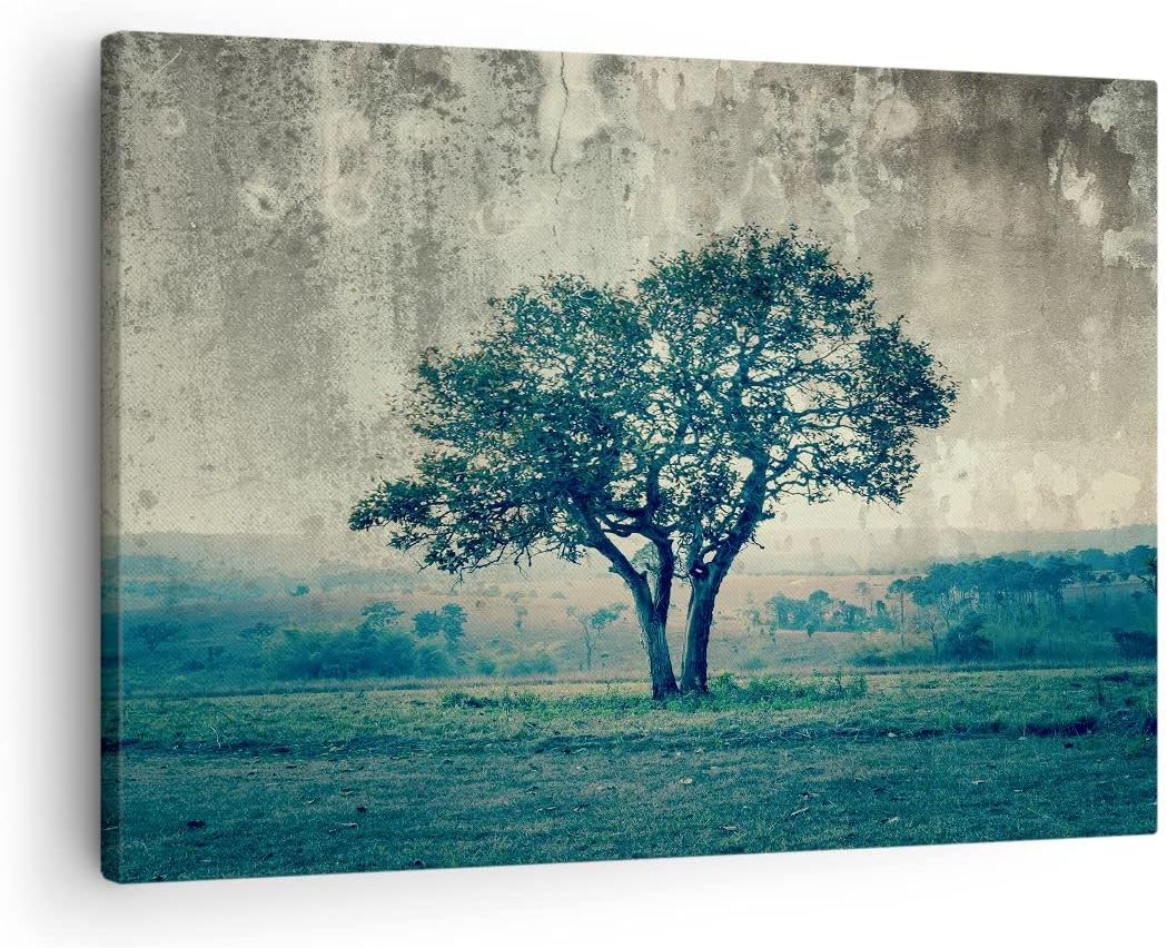 Bilder auf Leinwand Baum Natur Feld Leinwandbild mit Rahmen 70x50cm Wandbilder Dekoration Wohnzimmer