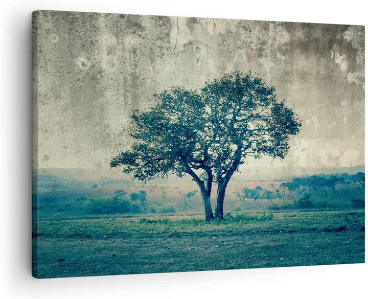 Bilder auf Leinwand Baum Natur Feld Leinwandbild mit Rahmen 70x50cm Wandbilder Dekoration Wohnzimmer