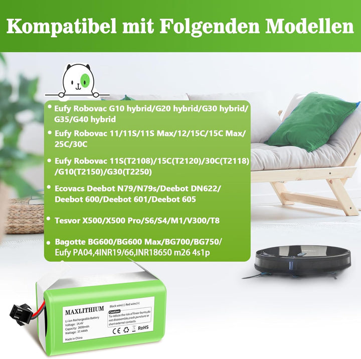 14.4V 2600mAh Ersatz-Akku Akku kompatibel mit Eufy RoboVac 11S 11S MAX G10 Hybrid G20 Serie 15C 30 3
