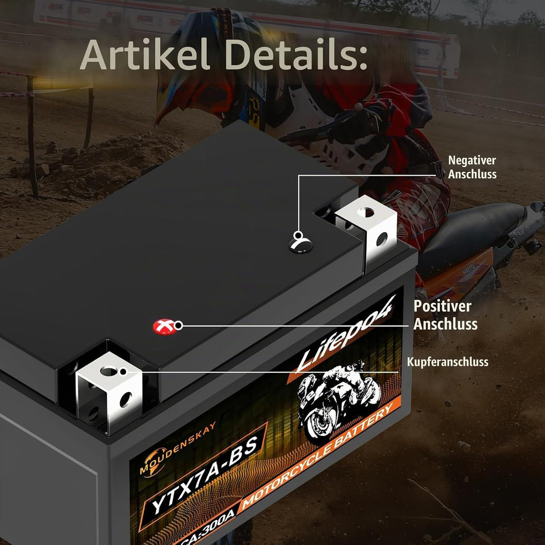 MOUDENSKAY Lithium Motorrad Batterie 12V Lithium Powersports Batterie mit BMS (YTX7A-BS 12.8V 3Ah 30