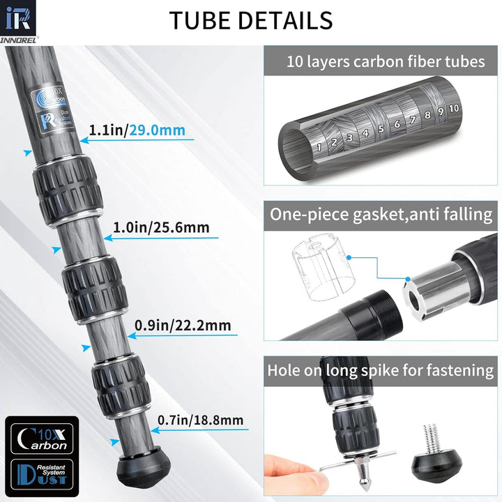 Kohlefaser-Stativ-INNOREL CT75C Professionelles Reisestativ für DSLR-Kamera Schwerlastständer 28mm R