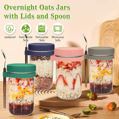 UHAPEER Glas Müslibecher to go mit Deckel und Löffel, 4er Set joghurtbecher to go mit Deckel und Löf
