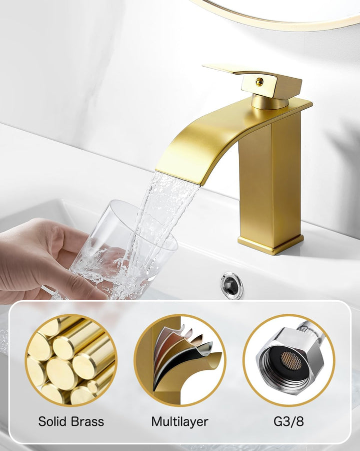 kisimixer Wasserhahn Bad Wasserfall Waschtischarmatur Gebürstetes Gold, Einhandmischer Armatur Wasch