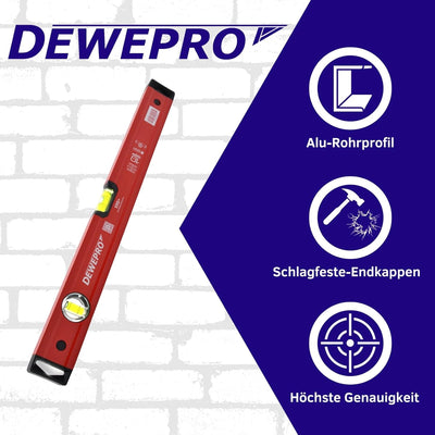 DEWEPRO® Profi Wasserwaage Aluminium - rot lackiert - Länge: 120cm 1,2m - Messtoleranz: 0,5mm/m - Al