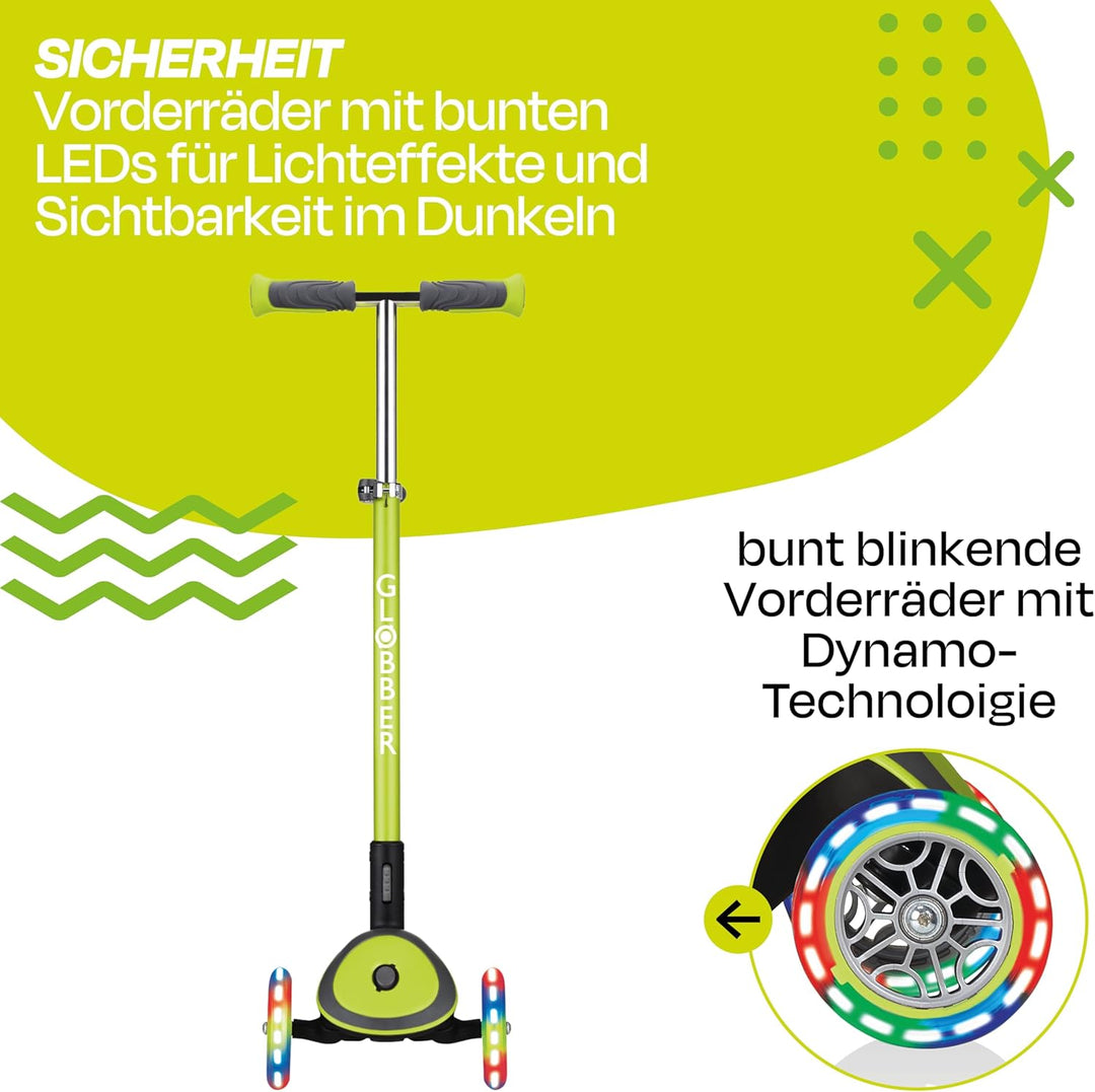 GLOBBER Elite Deluxe Lights – Tretroller Kinder, 120/80 mm, ABEC 5, 3-rädrig, höhenverstellbar, LED-