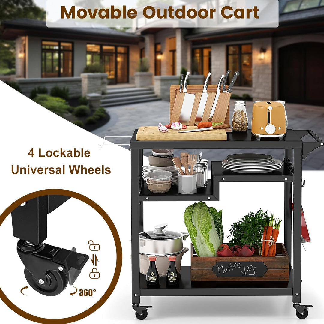 KOMFOTTEU Servierwagen Grillwagen Metall, Garten Rollwagen mit Arbeitstisch, 4 Ablagen & Griff, Gril