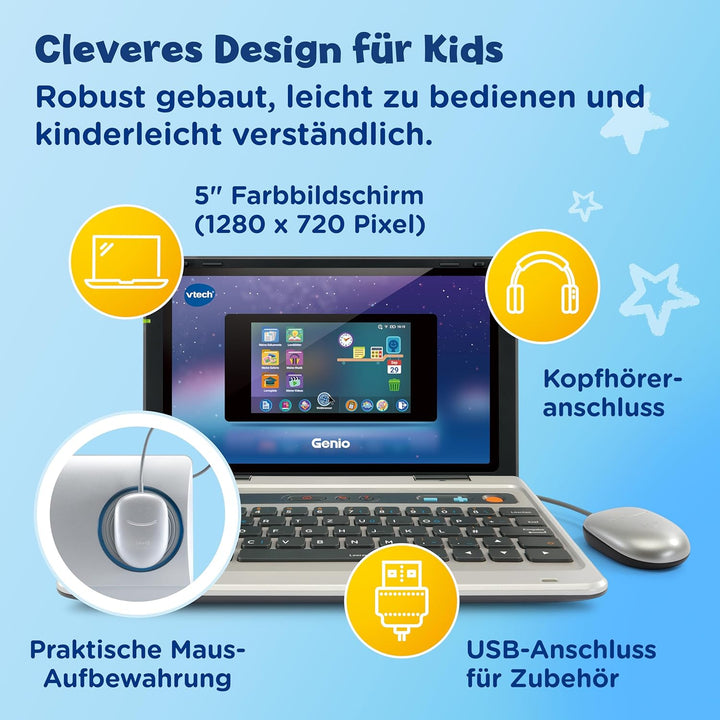 VTech Genio Lernlaptop – Lerncomputer mit Internetzugang, Textprogramm und Lerninhalten zu Buchstabe