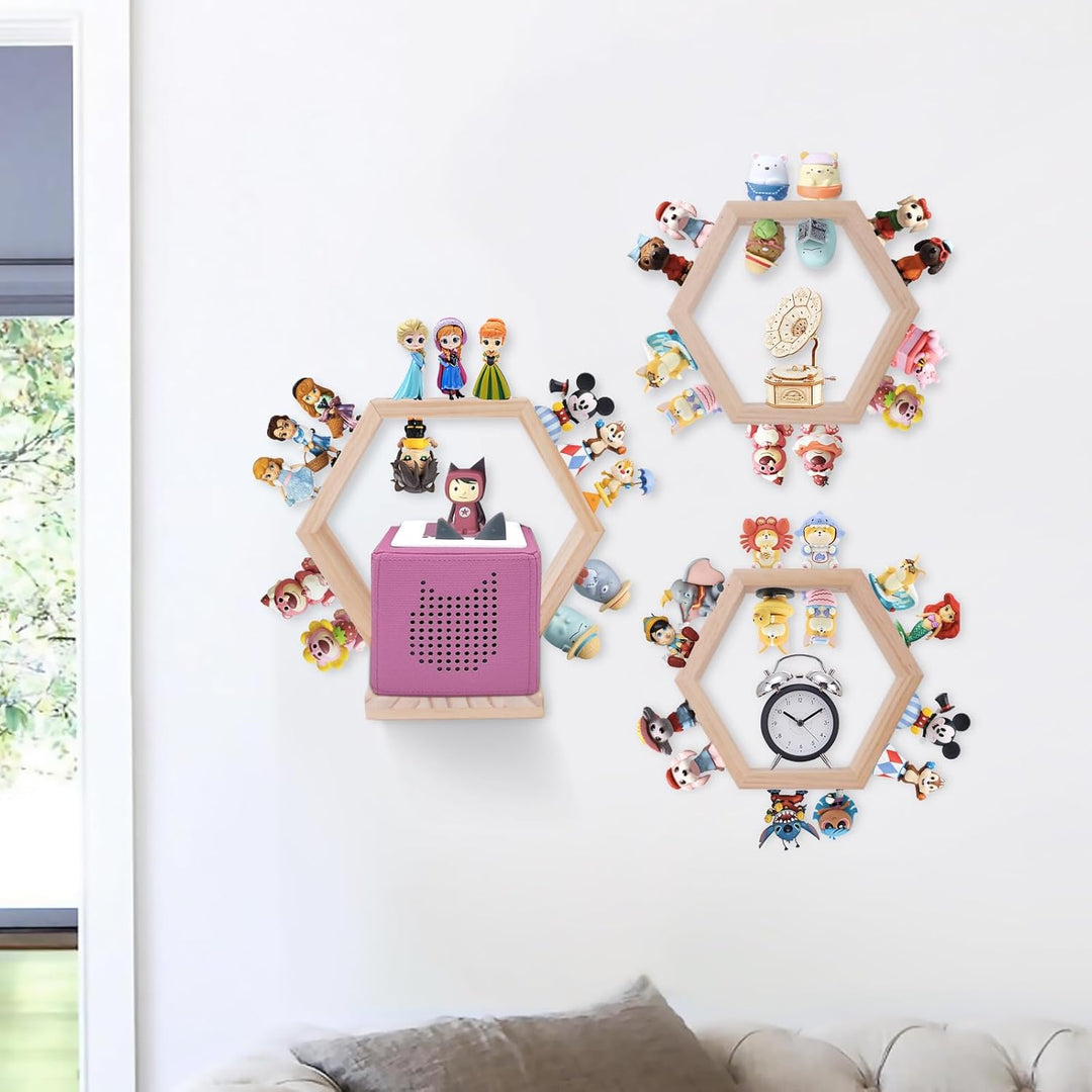 Tonie Shellf Hexagon for Toniebox Starter Tonie Shelf Wall Mounted Set of 3, Magnetic Wooden Floatin