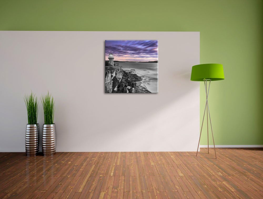 Pixxprint Leuchtturm an Klippe schwarz/weiss, Format: 70x70 auf Leinwand, 70x70