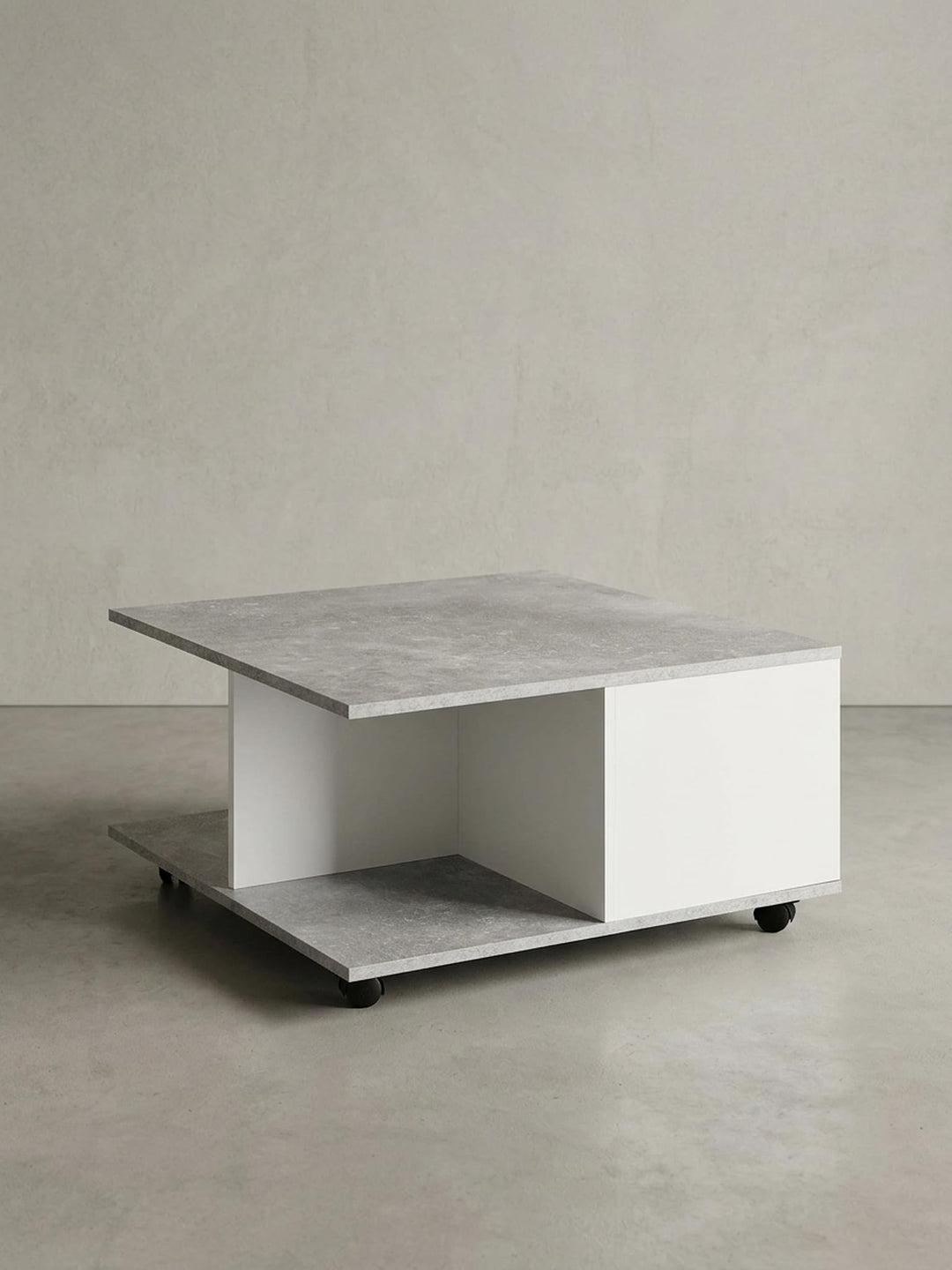 Couchtisch RAPIDO: 70x70x36,5 cm, 2 Schubladen, Rollen, Melaminharzbeschichtung, Weiss/Anthrazit Far