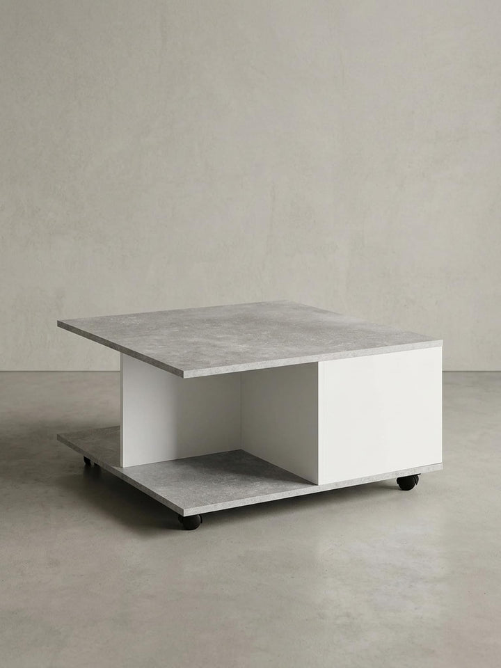 Couchtisch RAPIDO: 70x70x36,5 cm, 2 Schubladen, Rollen, Melaminharzbeschichtung, Weiss/Anthrazit Far