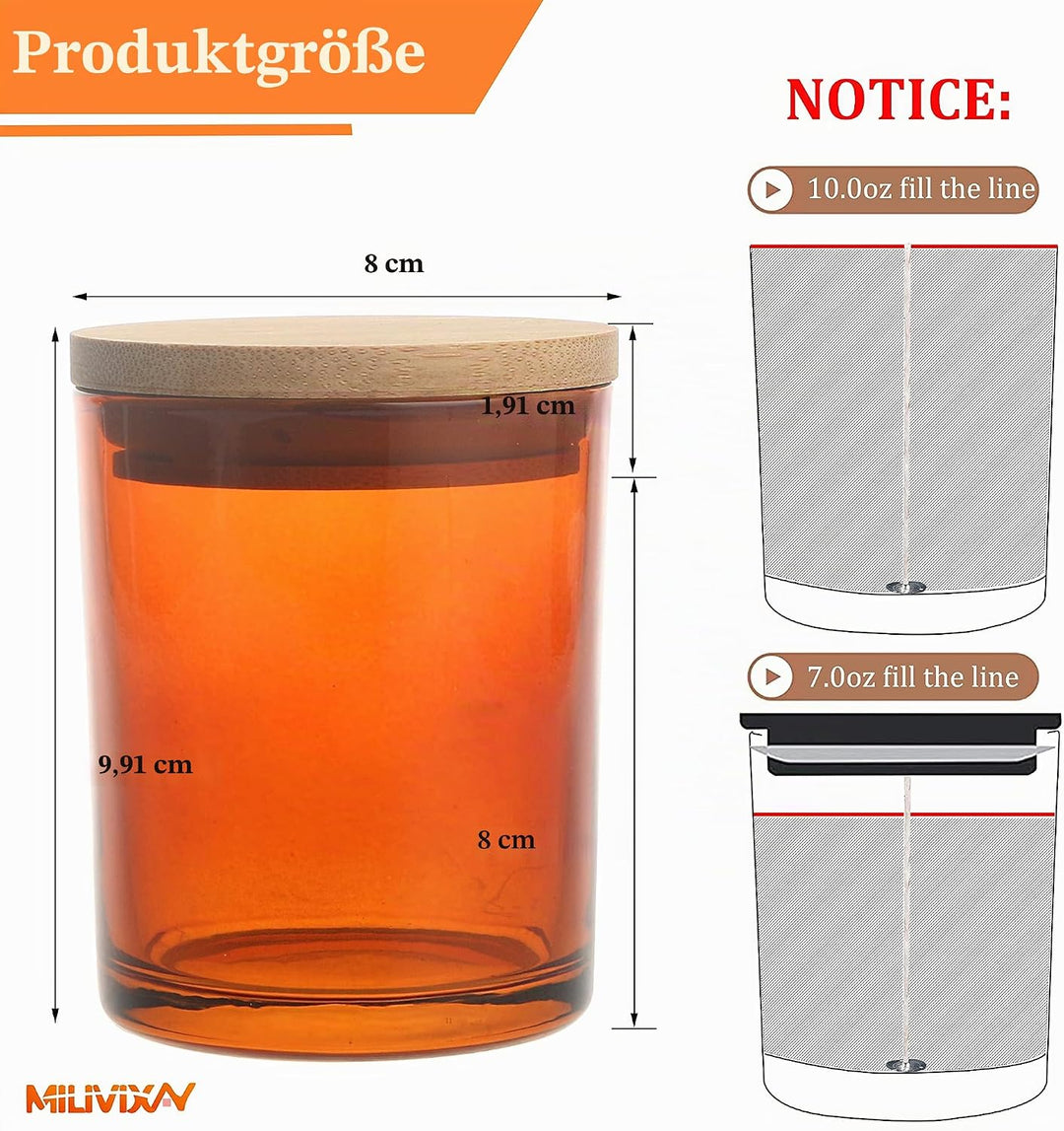 MILIVIXAY 12 Stück 284 ml bernsteinfarbene Glas-Kerzengläser mit Deckel und Kerzenherstellungssets –