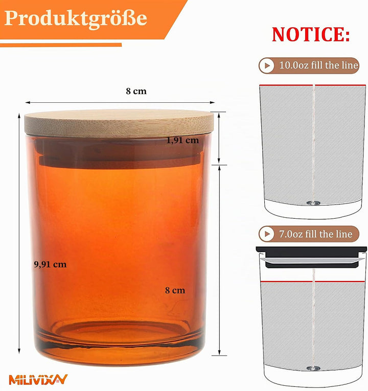 MILIVIXAY 12 Stück 284 ml bernsteinfarbene Glas-Kerzengläser mit Deckel und Kerzenherstellungssets –