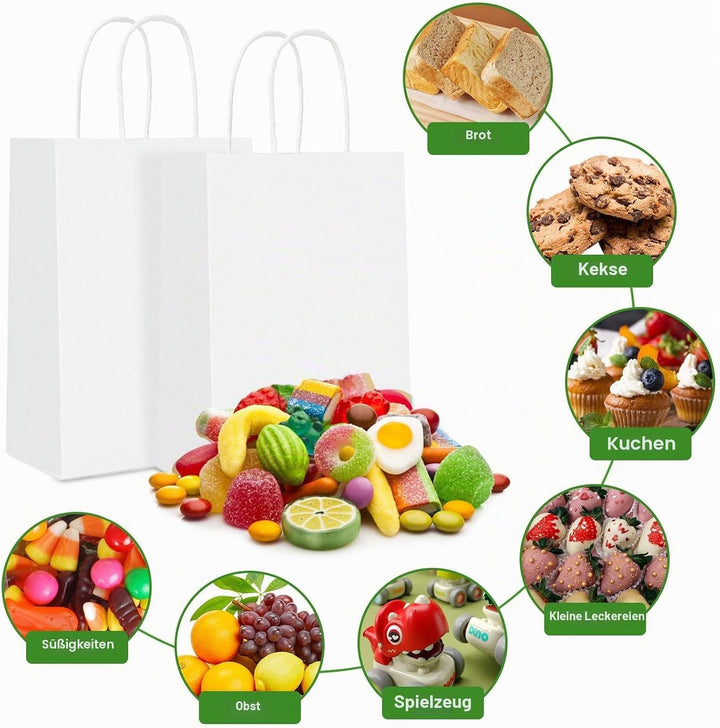 Gucass 50 Stück Gross Papiertüten mit Henkel, Weiss Kraft Papiertaschen Geschenktüten, 26x12x33cm Pa