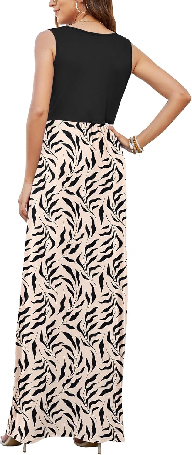 AUSELILY Maxikleid Damen Sommer ärmellos Kleid Lang Elegant tiefem V-Ausschnitt Abendkleid mit Tasch