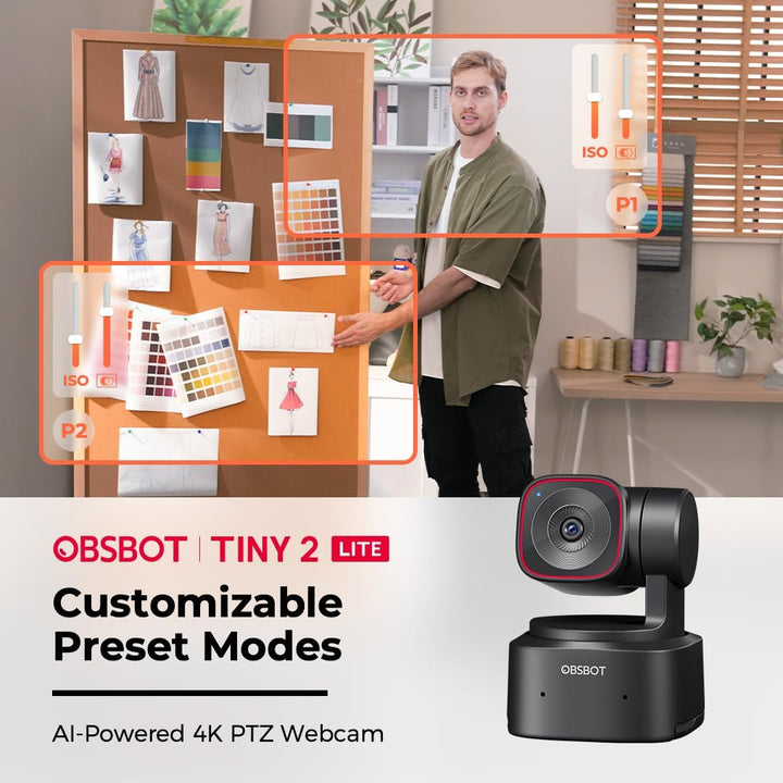 Obsbot Tiny 2 Lite PTZ 4K-Webcam Computerkamera 3840x2160 Pixel USB AI-Tracking Gestensteuerung schw