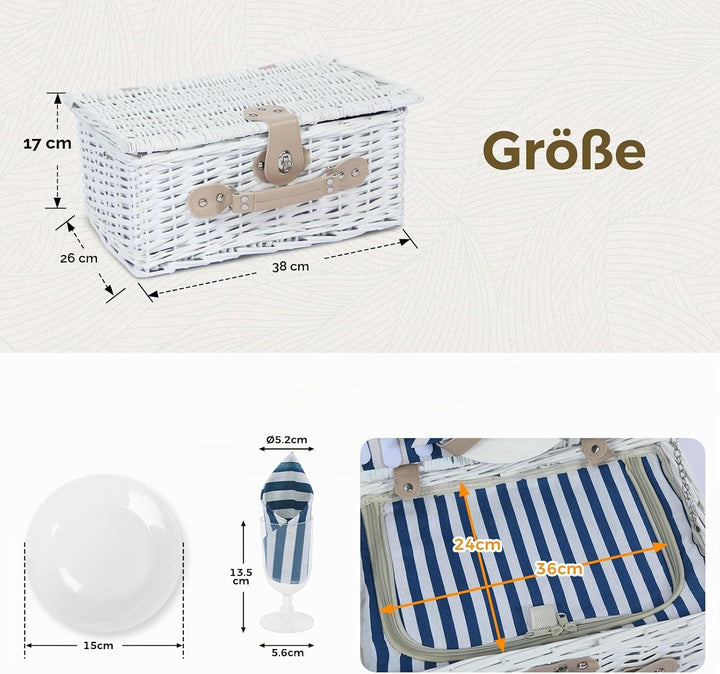 Picknickkorb Set für 2 Person mit Kühlfach, Abnehmbarer Riemen, Weinbeutel, Besteck Set, für Camping