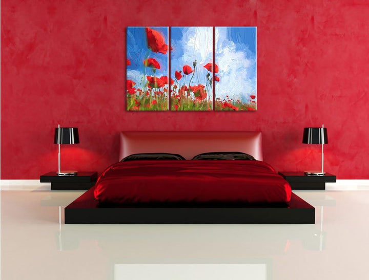 Pixxprint Mohnblumenfeld / 3-Teilig/Gesamtmass 120cm Leinwandbild bespannt auf Holzrahmen/Wandbild K