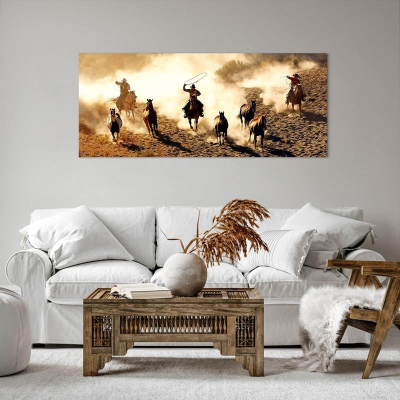 Wandbilder Dekoration Wohnzimmer Cowboys Pferde Galopp Panorama Bilder auf Leinwand 120x50cm Leinwan