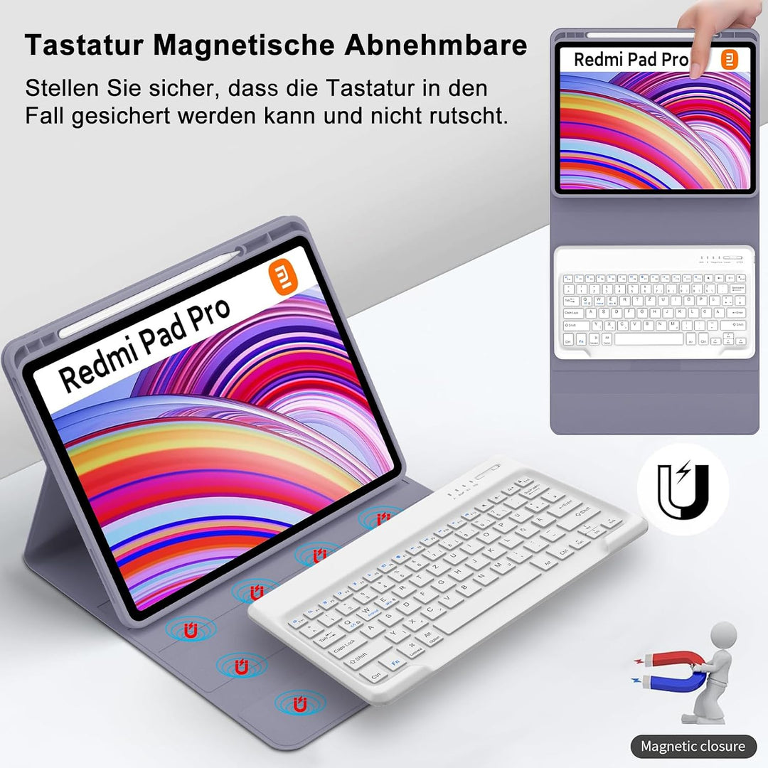 Tastatur für Redmi Pad Pro 12.1"/Xiaomi Poco Pad 2024, Lila | Hülle mit Tastatur für Xiaomi Redmi Pa