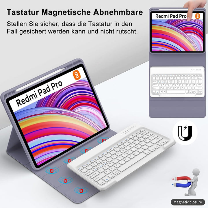 Tastatur für Redmi Pad Pro 12.1"/Xiaomi Poco Pad 2024, Lila | Hülle mit Tastatur für Xiaomi Redmi Pa