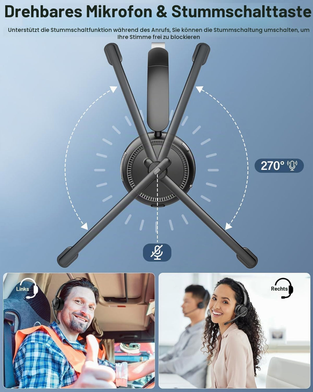 MONODEAL Bluetooth Headset mit Mikrofon, Wireless Headset mit AI-Geräuschunterdrückung Und Stummscha