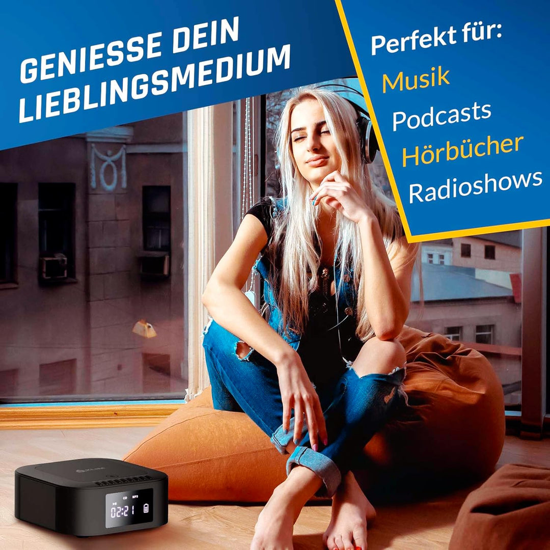 KLIM Boombox E1 Radio mit CD Player - CD-Hülle - BASS Boost mit Tieftöner - FM Radio, MP3, Bluetooth