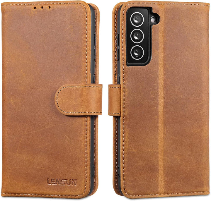 LENSUN Echtleder Hülle für Samsung Galaxy S21, Handyhülle [Echtes Leder] [Magnetverschluss] [RFID Sc