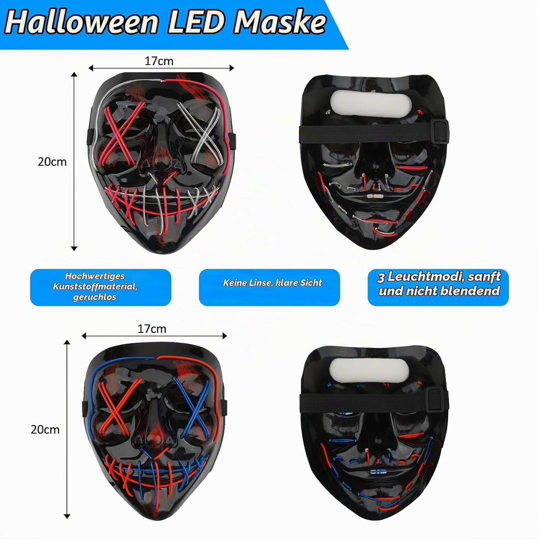 OUILA LED Halloween Maske, 2 Pack Neon Leuchtmaske mit 3 Leuchtmodi für Herren, Damen, Cosplay, Hall