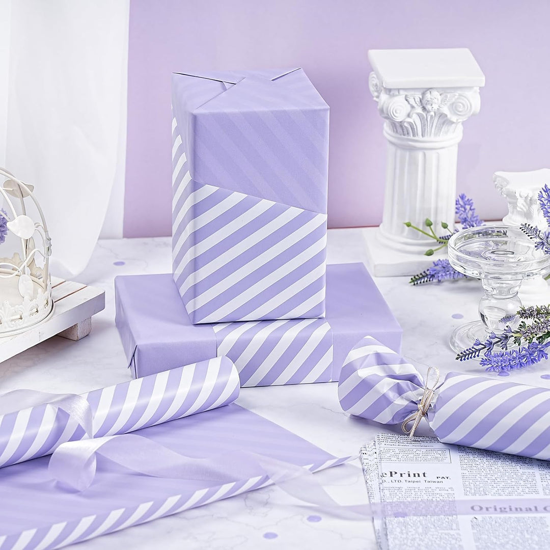 WRAPAHOLIC 76,2 cm wendbares lila Geschenkpapier – Jumbo-Rolle lila und gestreiftes Design für Gebur
