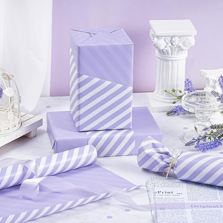 WRAPAHOLIC 76,2 cm wendbares lila Geschenkpapier – Jumbo-Rolle lila und gestreiftes Design für Gebur