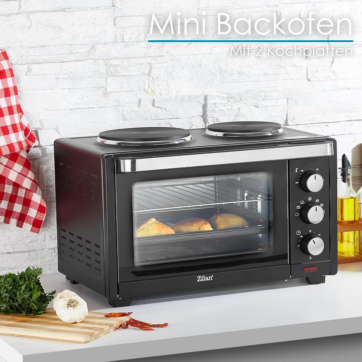 Mini Backofen mit Herdplatten 28 Liter | Elektrischer Drehspiess | Integrierte Kochplatten | Pizza-O