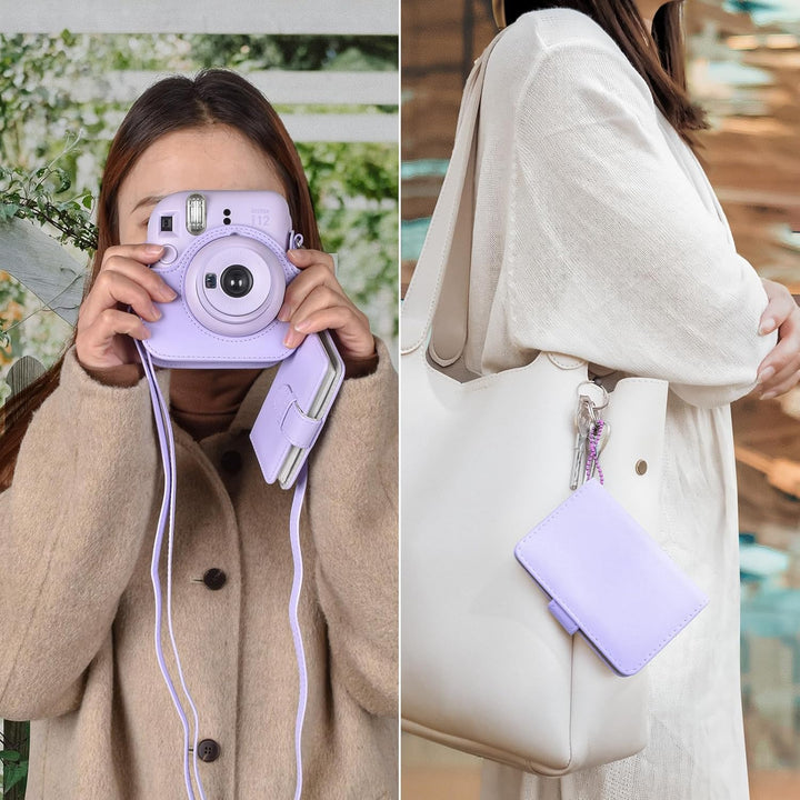 HIYQIN Kamera Tasche Kompatibel mit Fujifilm Instax Mini 12, Ästhetisch Kunstleder Hülle mit Mini Fo
