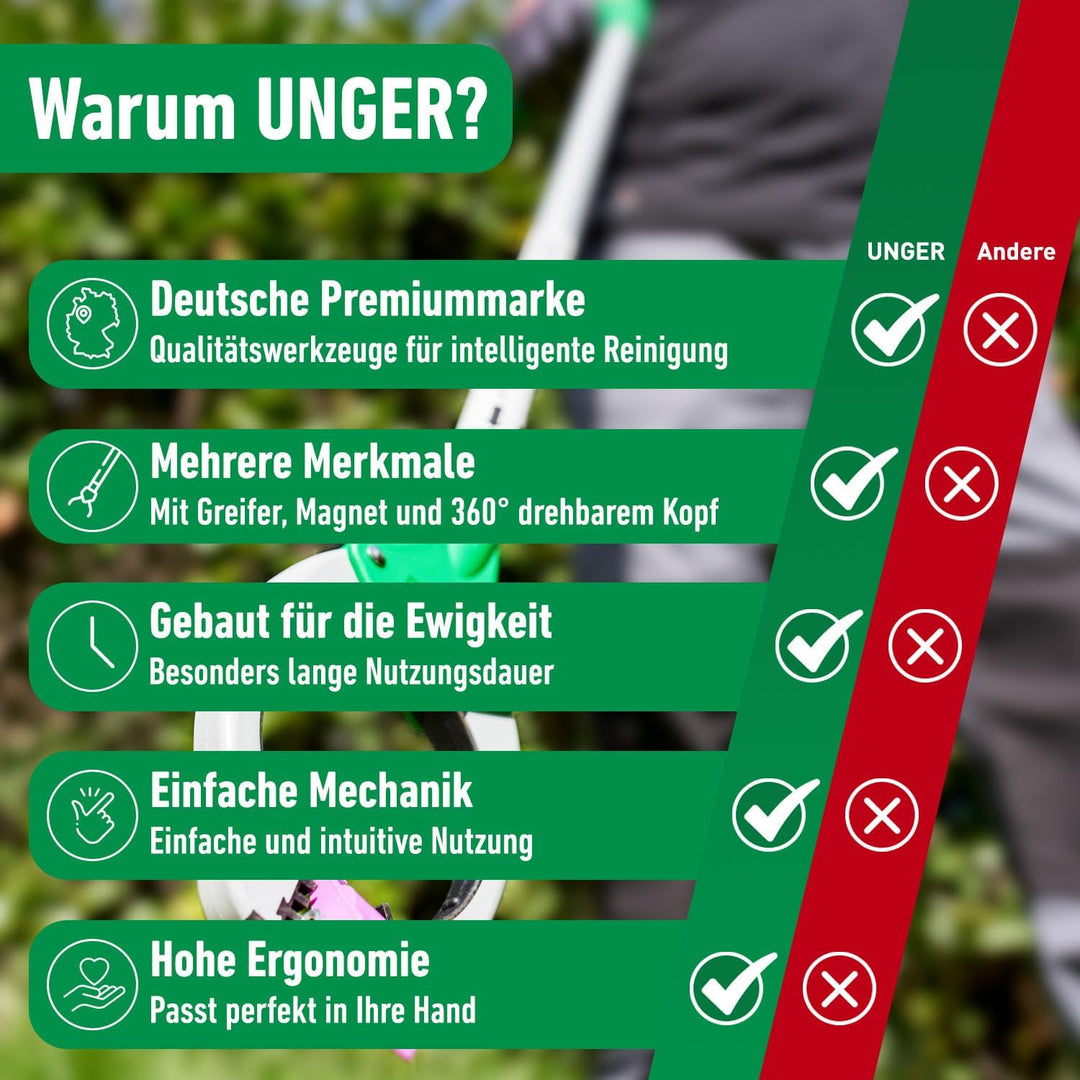 UNGER NiftyNabber Trigger Allzweckgreifer (93 cm lang, Müllzange, mit Magnetspitze, Greifkopf 360° d