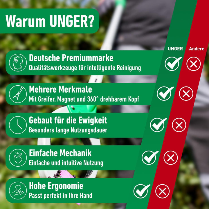 UNGER NiftyNabber Trigger Allzweckgreifer (93 cm lang, Müllzange, mit Magnetspitze, Greifkopf 360° d
