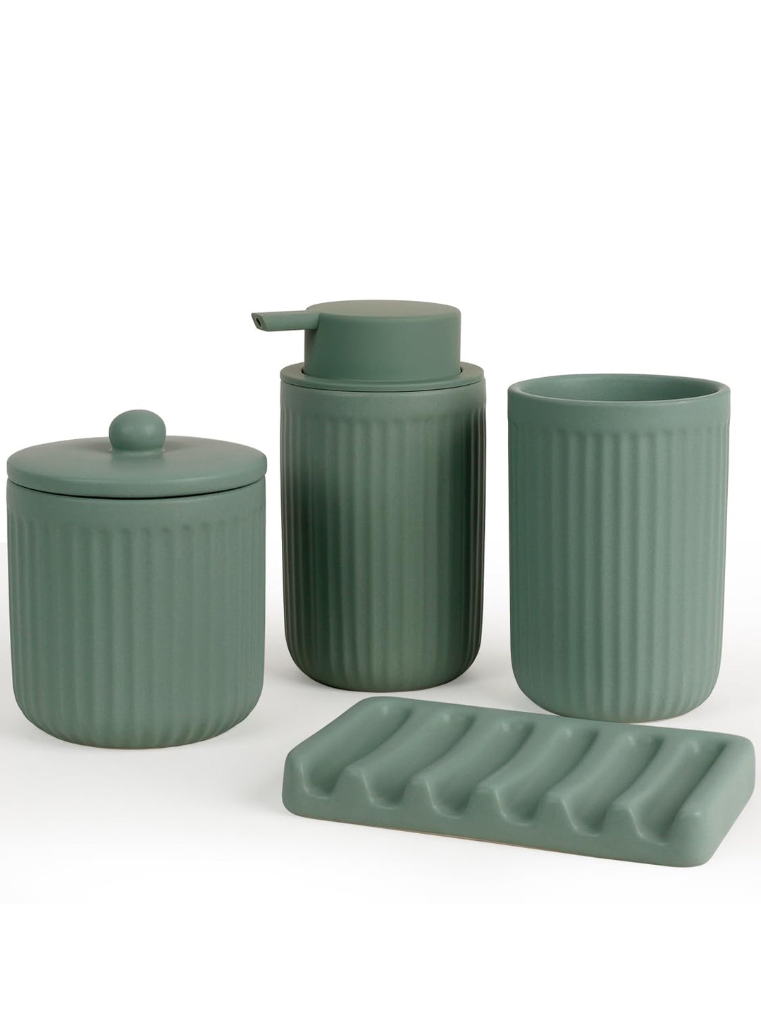 Badezimmer Set Grün, 4-teilig Keramik Bad Zubehör - 350 ml Seifenspender, Zahnputzbecher, Seifenscha