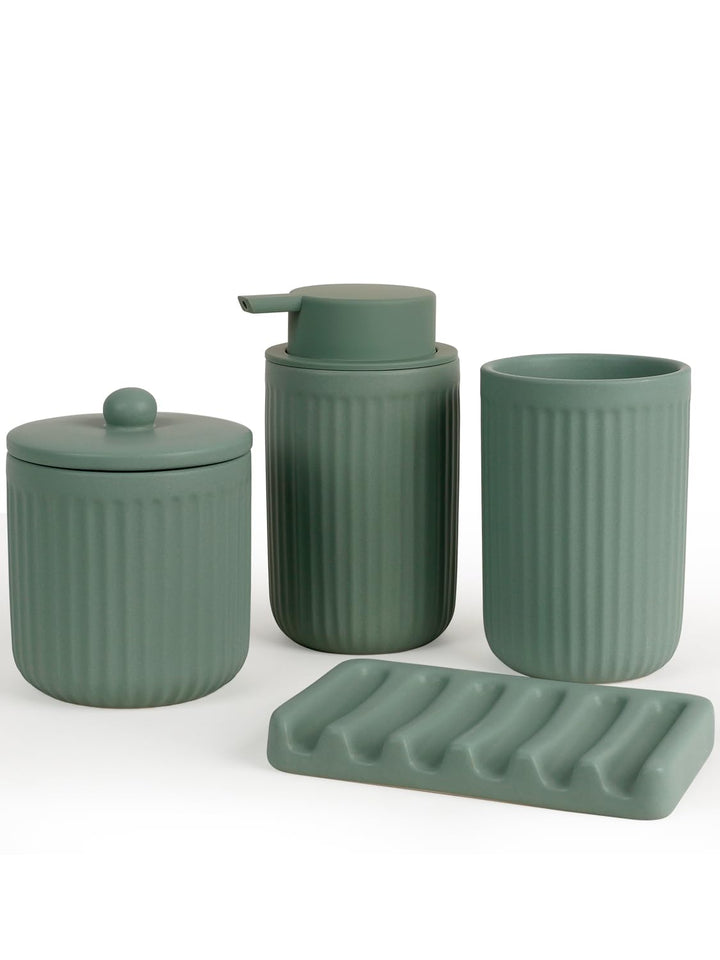 Badezimmer Set Grün, 4-teilig Keramik Bad Zubehör - 350 ml Seifenspender, Zahnputzbecher, Seifenscha