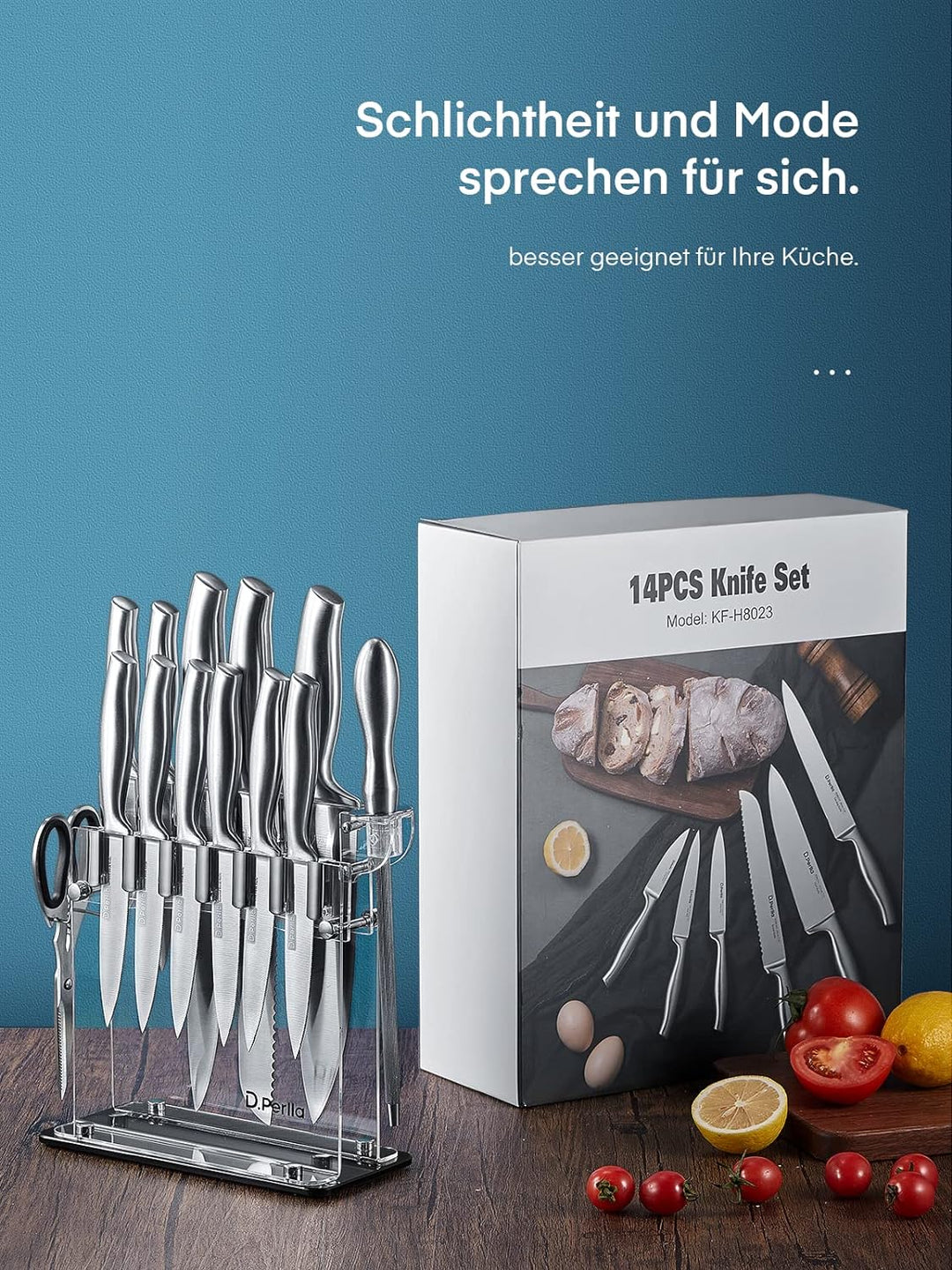 D.Perlla Messerblock, 14 TLG Messer Set, Professionelles Küchenmesser Set aus Edelstahl, Extra Schar