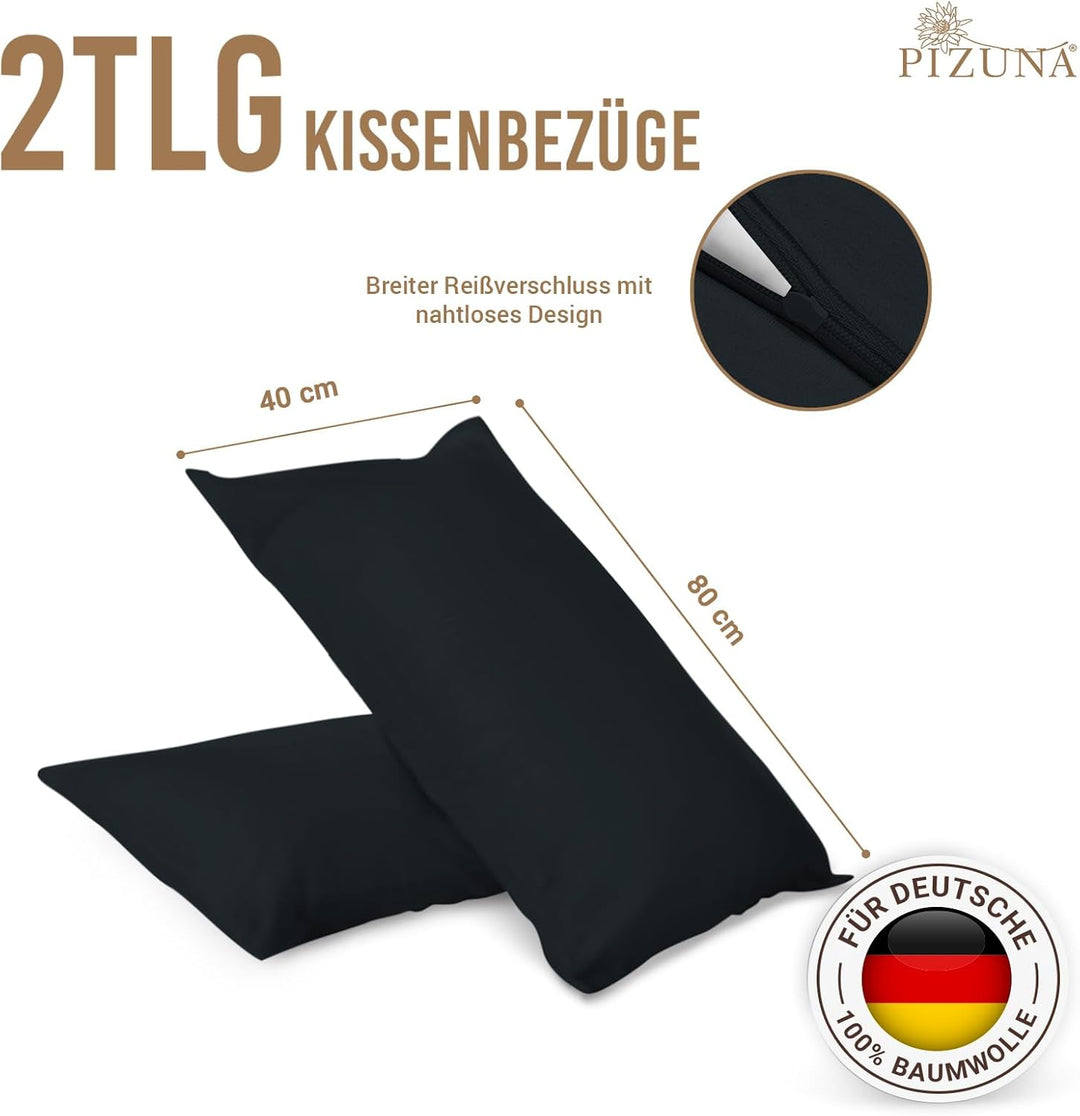 Pizuna Luxuriöser Soft-Satin 2er Pack Kissenbezug 40x80 cm Schwarz, 800 Fadenzahl Baumwolle Quadrati