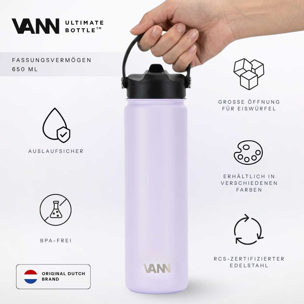 VANN Trinkflasche 650ML mit Strohhalm - 3fach isoliert [24h kalt 12h warm] Love Lila 650 ml, Love Li