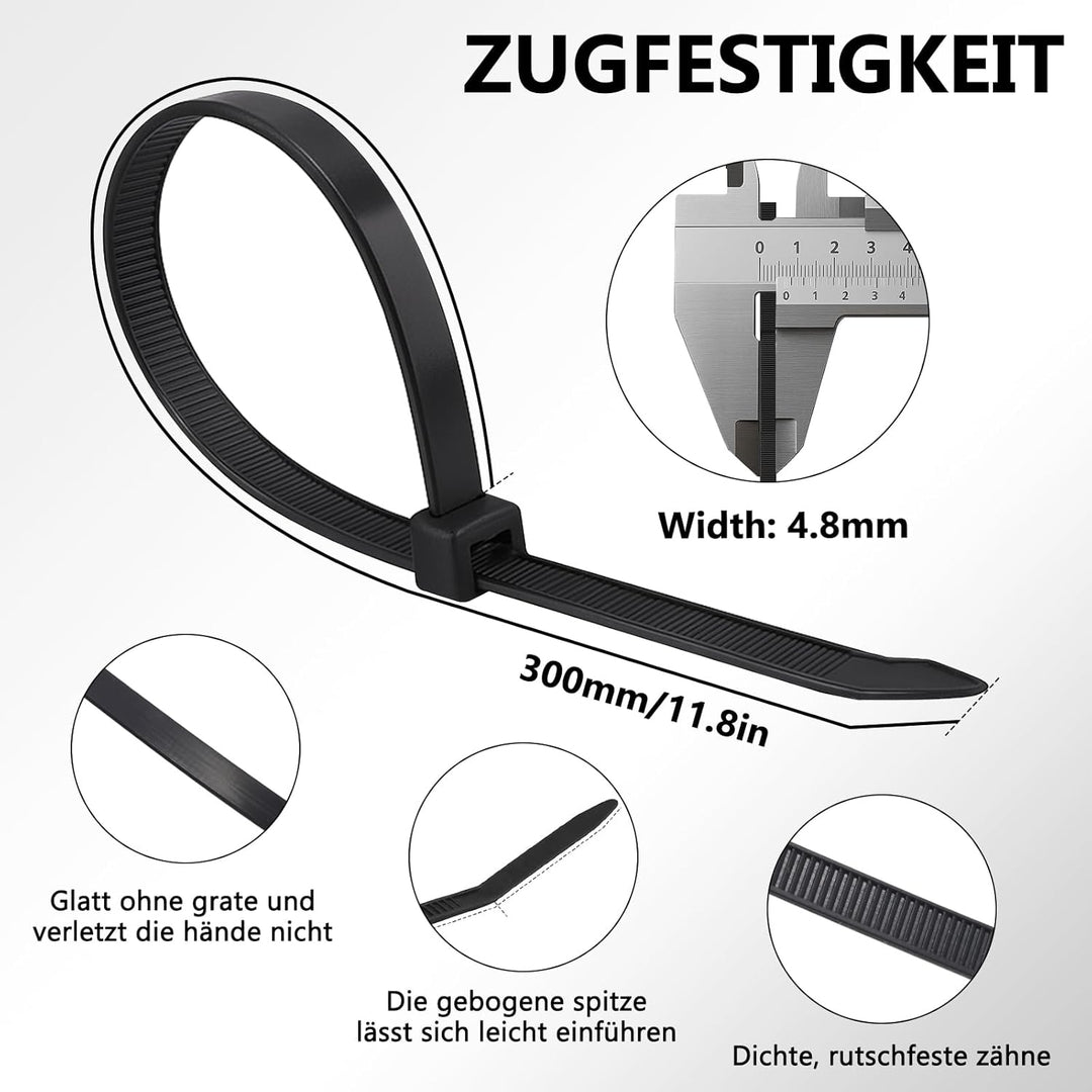 SUPERFA 500 Stück Kabelbinder Schwarz, 300mm x 4.8mm Nylon Kabelbinder Selbstsichernde für Kabelmana