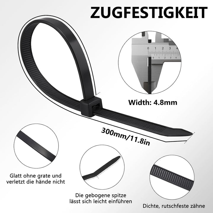 SUPERFA 500 Stück Kabelbinder Schwarz, 300mm x 4.8mm Nylon Kabelbinder Selbstsichernde für Kabelmana