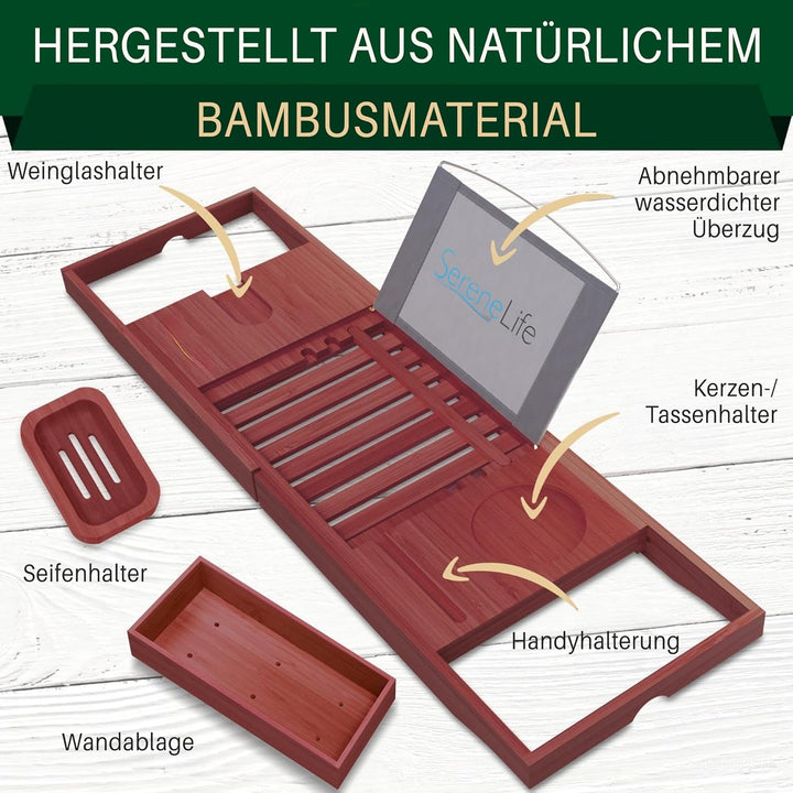 SereneLife Badewannenablage aus natürlichem Bambus, ausziehbares Badewannenbrett, Ablage Badewanne E