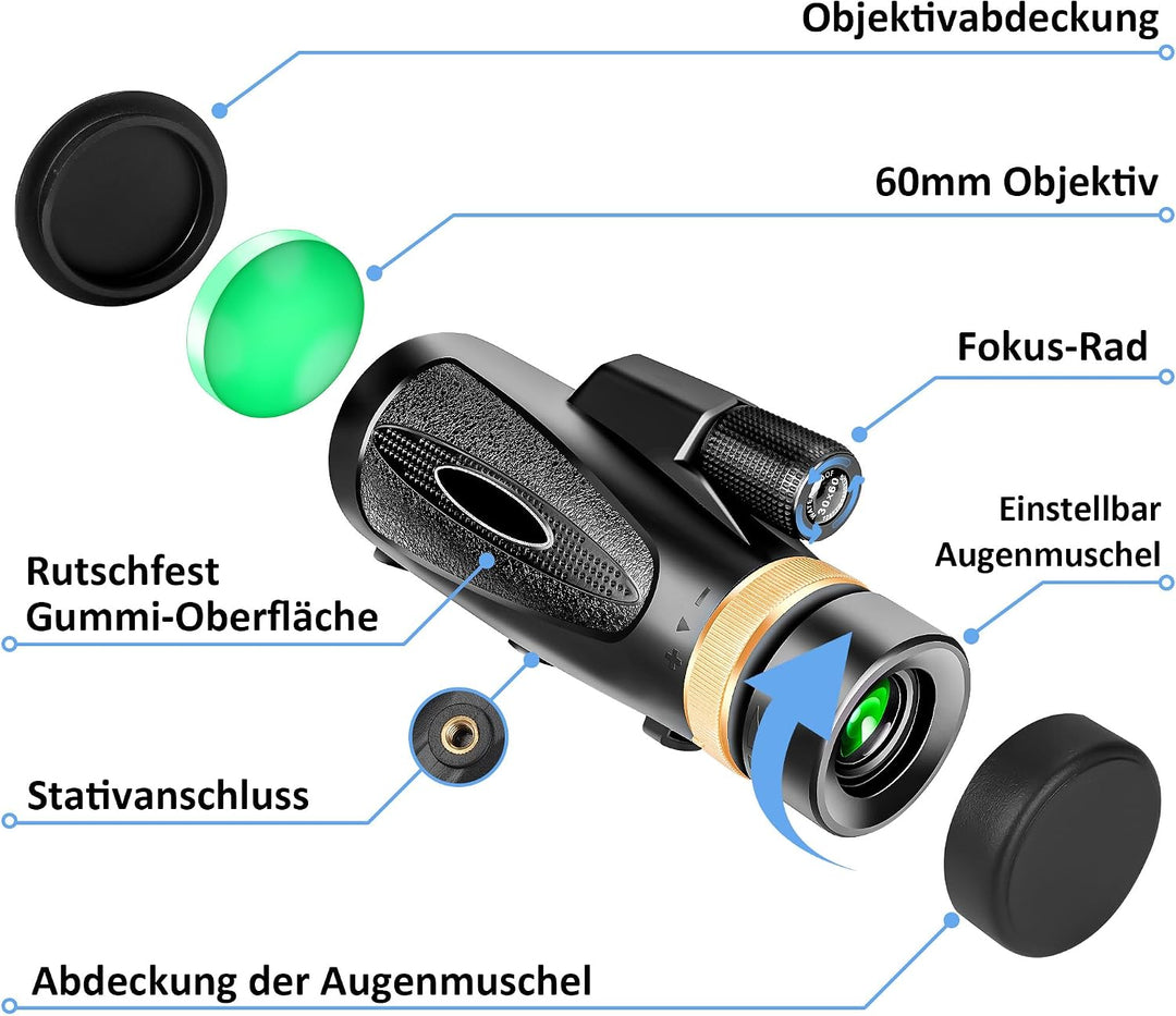 Monokular Teleskop 30X60 HD Monokular Fernrohr Erwachsene - Dark Black | mit Halterung Stativ FMC BA
