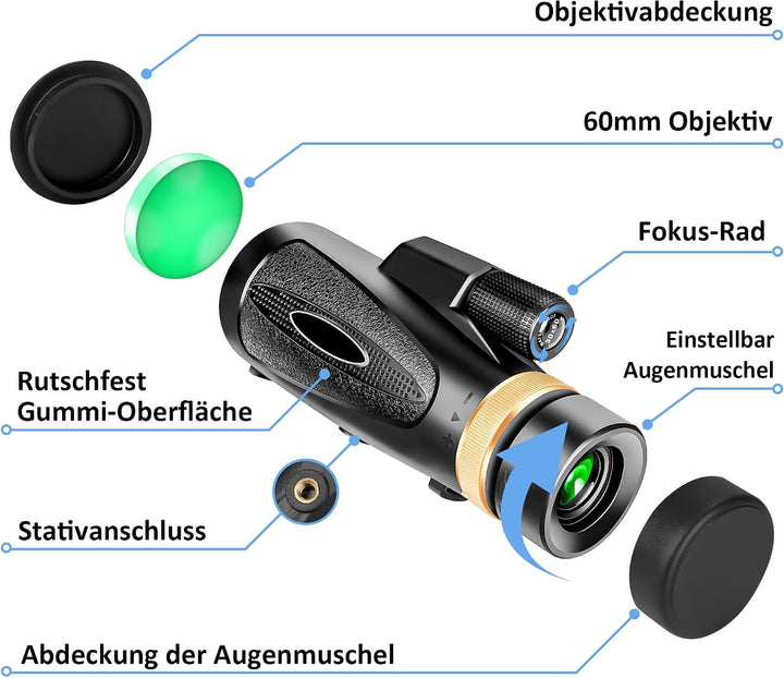 Monokular Teleskop 30X60 HD Monokular Fernrohr Erwachsene - Dark Black | mit Halterung Stativ FMC BA
